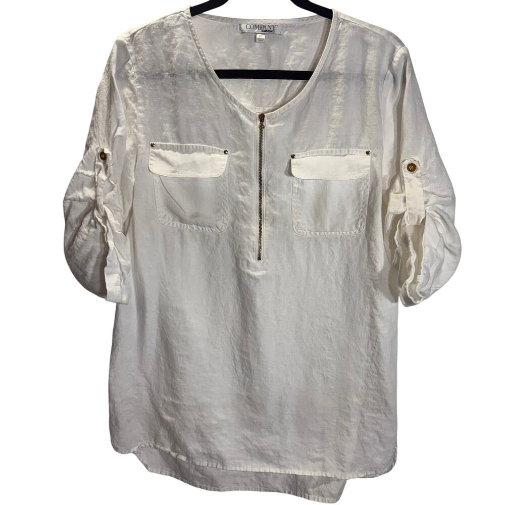 Company Ellen Tracy 100% Linen White Zip Front Roll Tab Tunic Top M